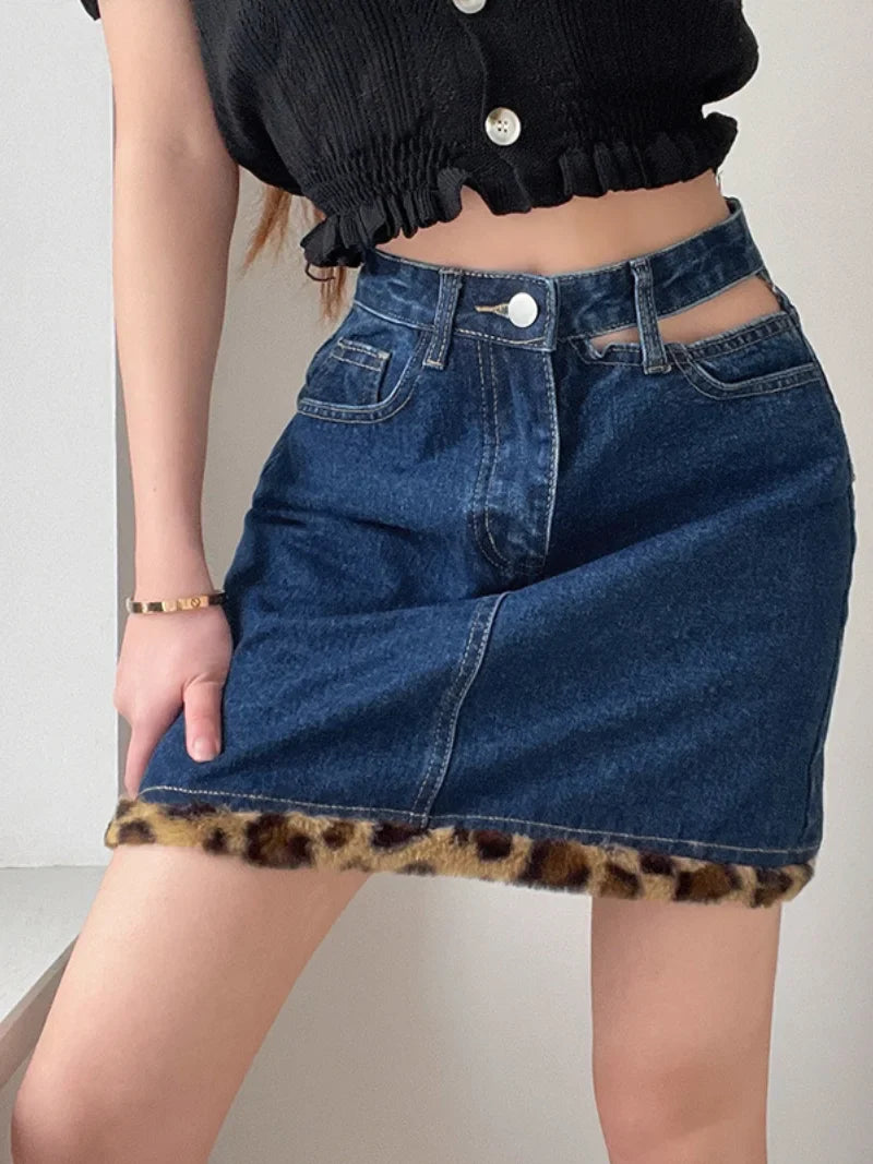nvxiot - Fashion Blue Denim Skirt Female 2024 Leopard Print Frayed Design Sense Hollow Hole High Waist Slim Bag Hip Skirt Women Clothes