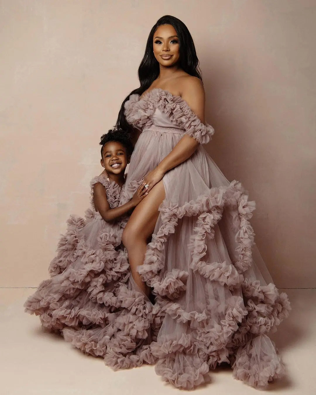 nvxiot - Dusty Pink Ruffled Tulle Maternity Dress Mom and Daughter Photoshoot Gown Corset Back Pregnancy Photography Dresses