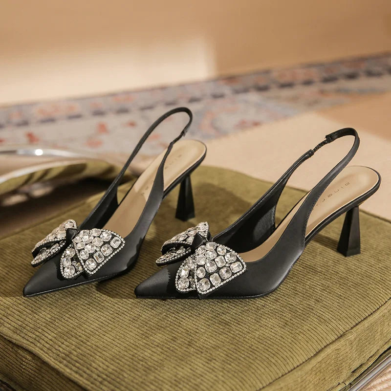 MQTIME - Comfort Shoes for Women Beige Heeled Sandals Black Bow Stiletto Clear Low 2024 Pointed Open Rhinestone Girls High Closed Sweet R