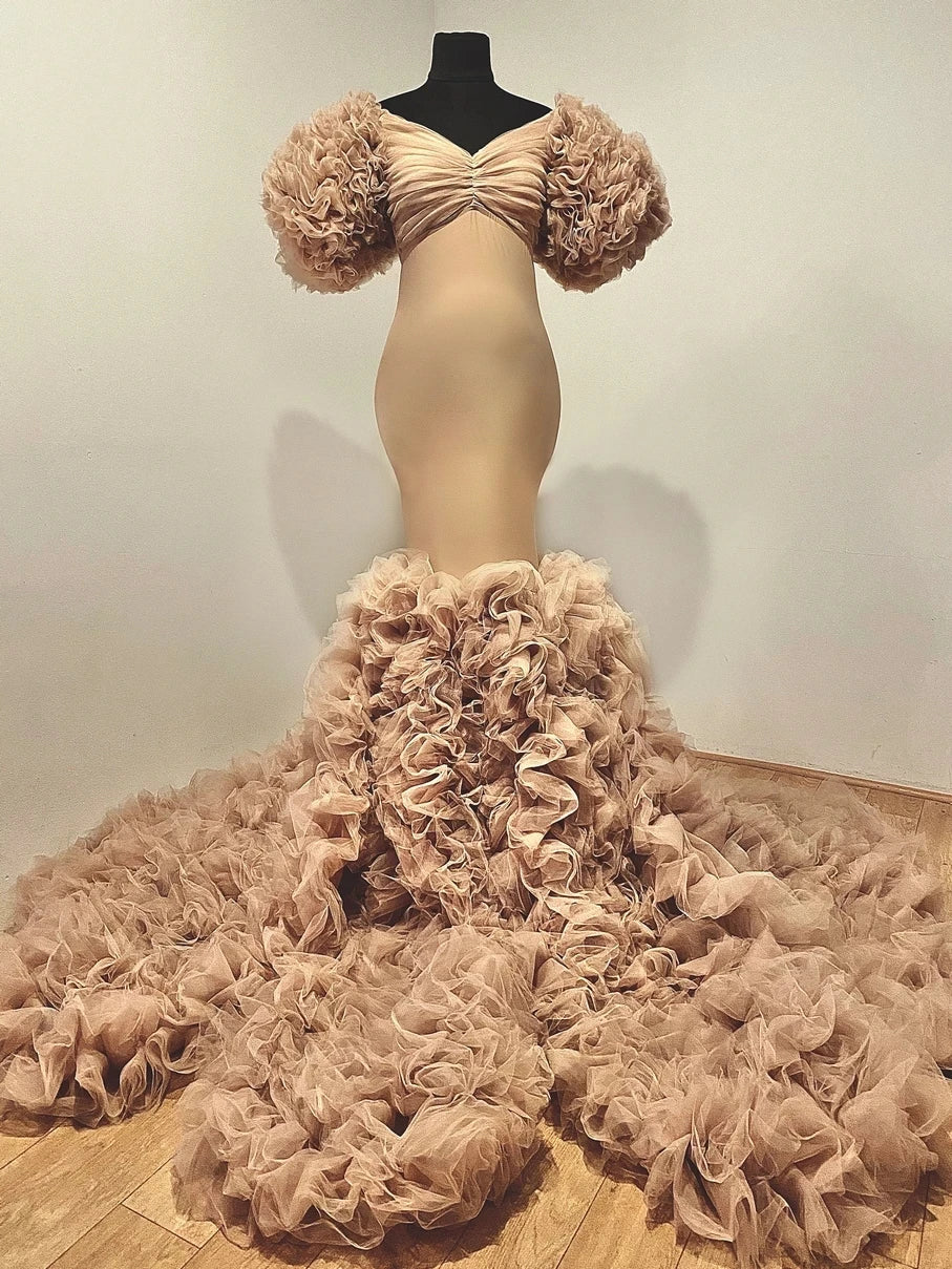 nvxiot - Real Image Floral Ruffled Bridal Maternity Dress Sexy Slit Elastic Maternity Dresses Photoshoot Baby Shower Baby Shower