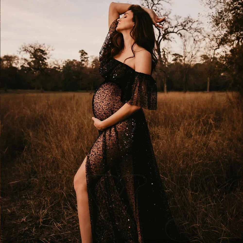 nvxiot - Pregnant Women Photography Dress Transparent Mesh Studded Pearl Sequin Two-Piece Set Maternity Photography Props Dress