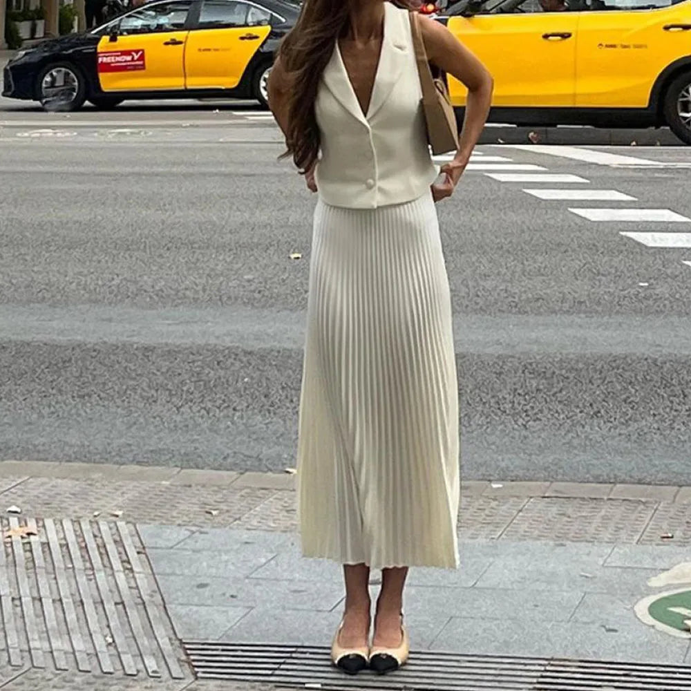 MQTIME - Women Summer 2 Piece Business Suit Sleeveless Button Front Vest High Elastic Waist Pleated Swing A Line Skirts Casual Set