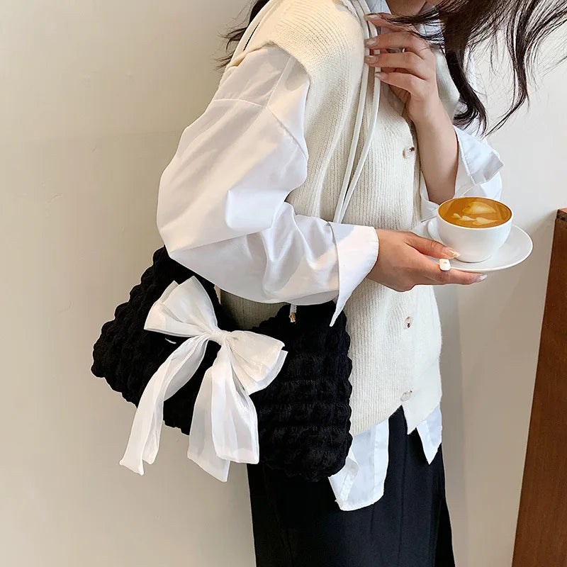 nvxiot - Fashion Pink White Handbags For Women Sweet Bow Simple Casual Shoulder Bags Ladies Daily Shopping Bag Underarm Tote Shoulder Bag