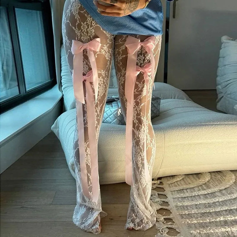 nvxiot - Bow Splice Sheer Lace Flare Pants Women Sexy See Through High Waist Slim Boot Cut Trousers Hot Girls Clubwear Party Bottoms