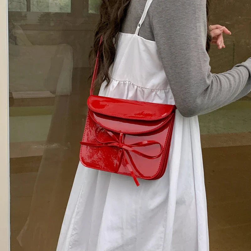 nvxiot - Red Fashion Womens Shoulder Bag Small Vintage Korean Style Elegant Sweet Bow Crossbody Bag Square Designer Ladies Handbag
