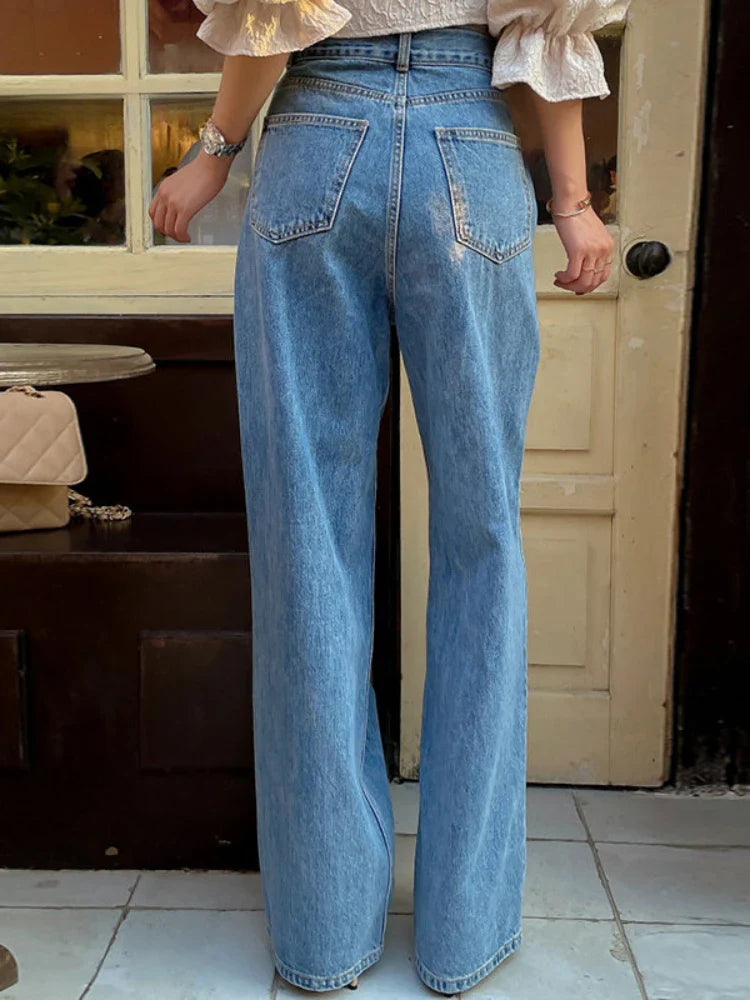 nvxiot - Women Vintage Korean Jeans Long Pants Spring Summer High Waisted Diagonal Buckle Loose Straight Leg Pants Baggy Casual Trousers