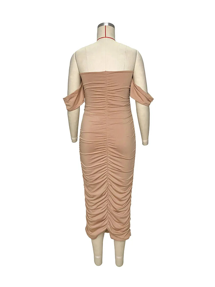 MQTIME - Khaki Ruched Off Shoulder Belly Friendly Baby Shower Pregnant Pregnancy Photoshoot Club Party Tube Bodycon Maternity Midi Dress