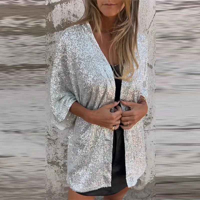 MQTIME - 2024 Women's Elegant Commuting Coat Spring Autumn Thin Sequined Long Sleeved Cardigan Fashion V-neck Solid Color Slim Fit Jacket
