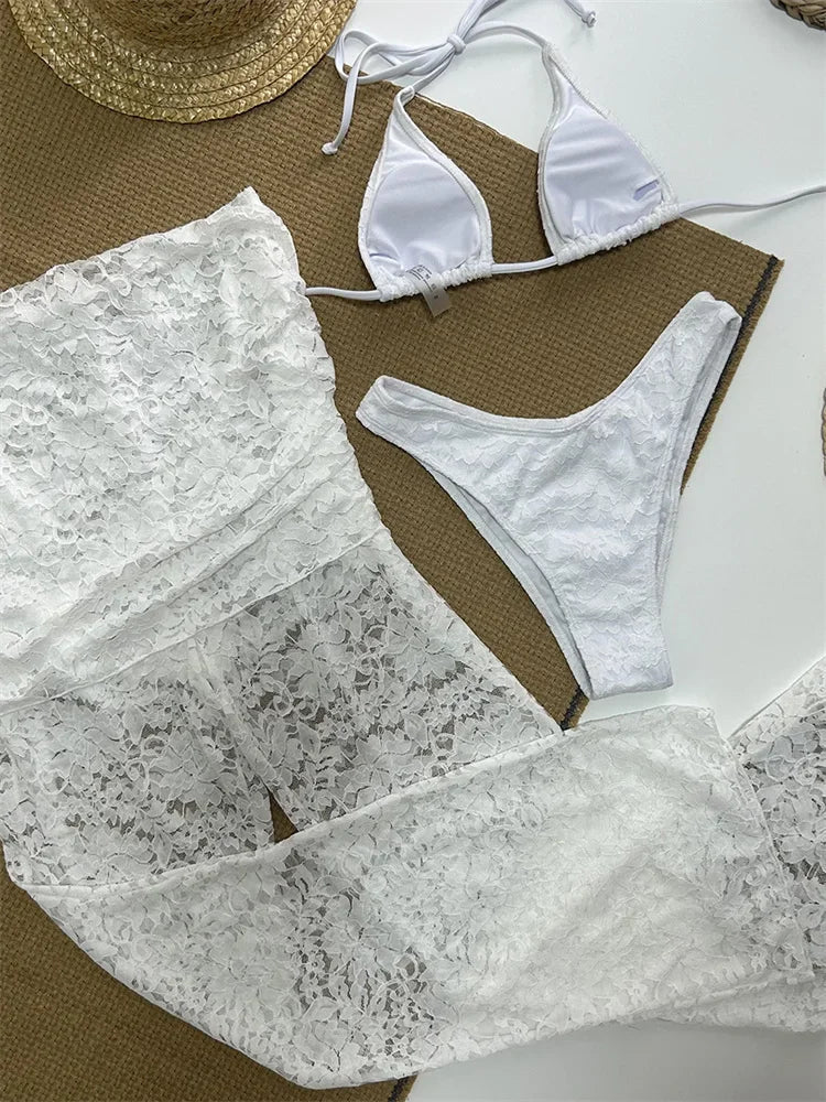 nvxiot - Summer Ladies 3 Piece-Set Trousers Swimwear Sexy V-Neck See-Through Backless Top And Printed Women's Pants Outfits 2024