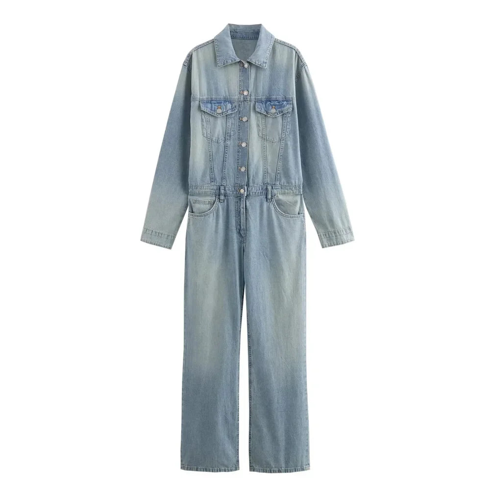 nvxiot - 2024 Summer New Women's Retro Polo Collar Long sleeved Washed Effect Patch Bag Decoration denim jumpsuit