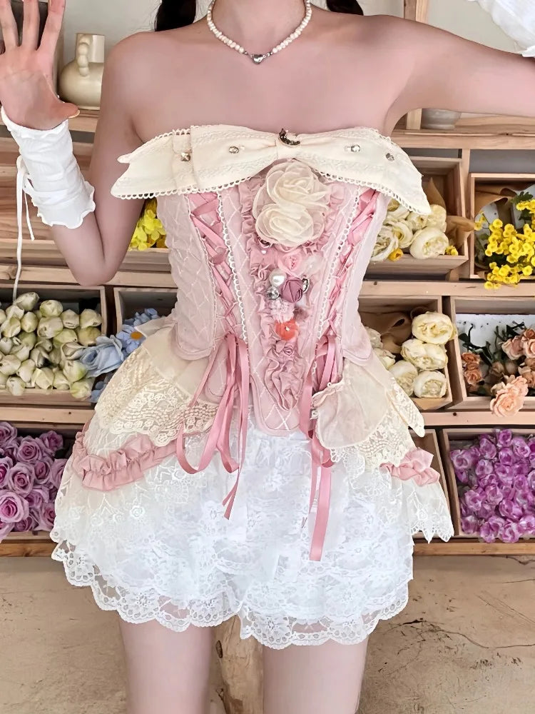 MQTIME - Bow Slash Neck Lace Up Pink Corset Crop Tops White Lace Patchwork Ruffled High Waist Shorts 2 Piece Sets Womens Outifits