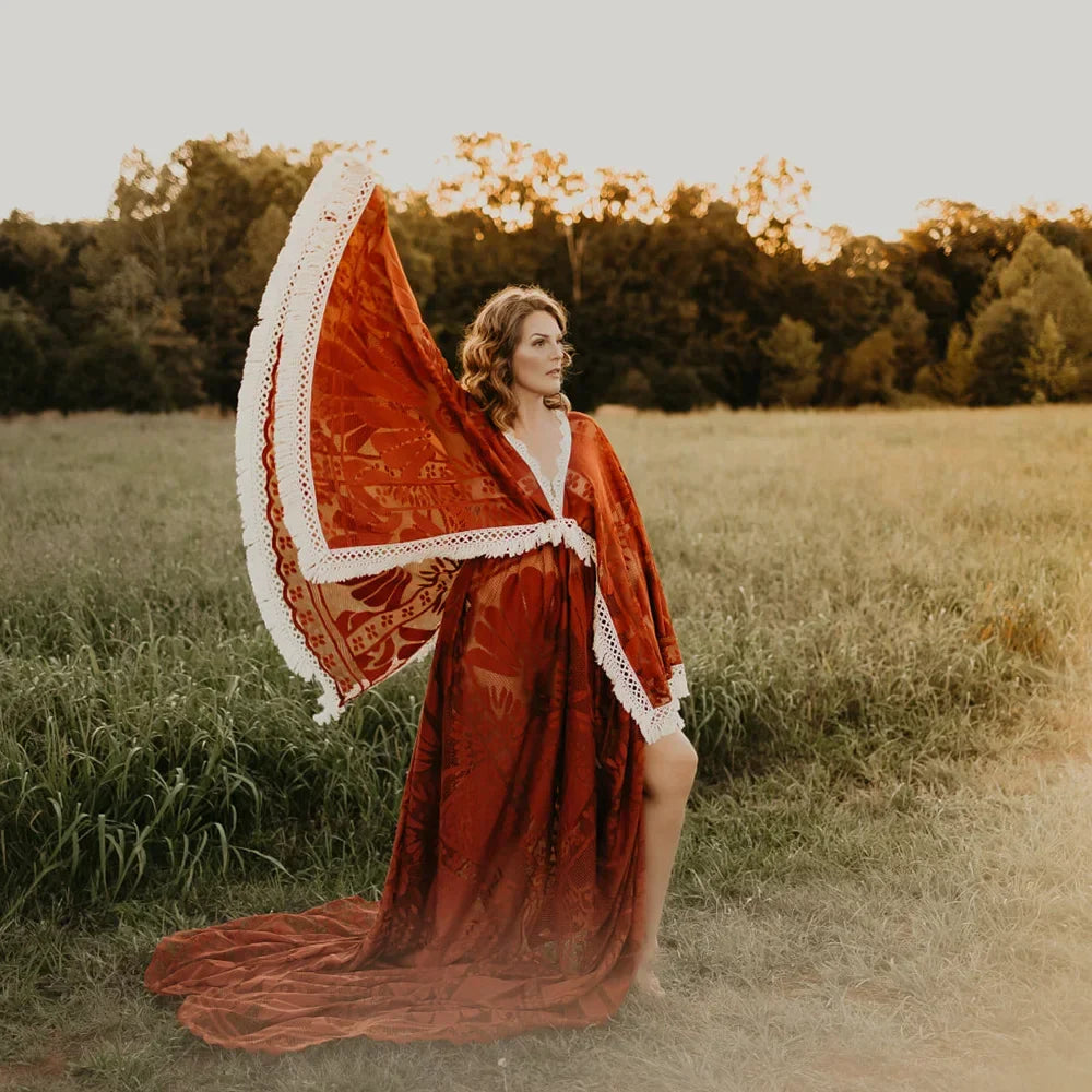 MQTIME - Bohemian Maternity Photography Dress Lace Party Gown Vintage Boho Pregnancy Robe Photo Shoot Prop Clothes