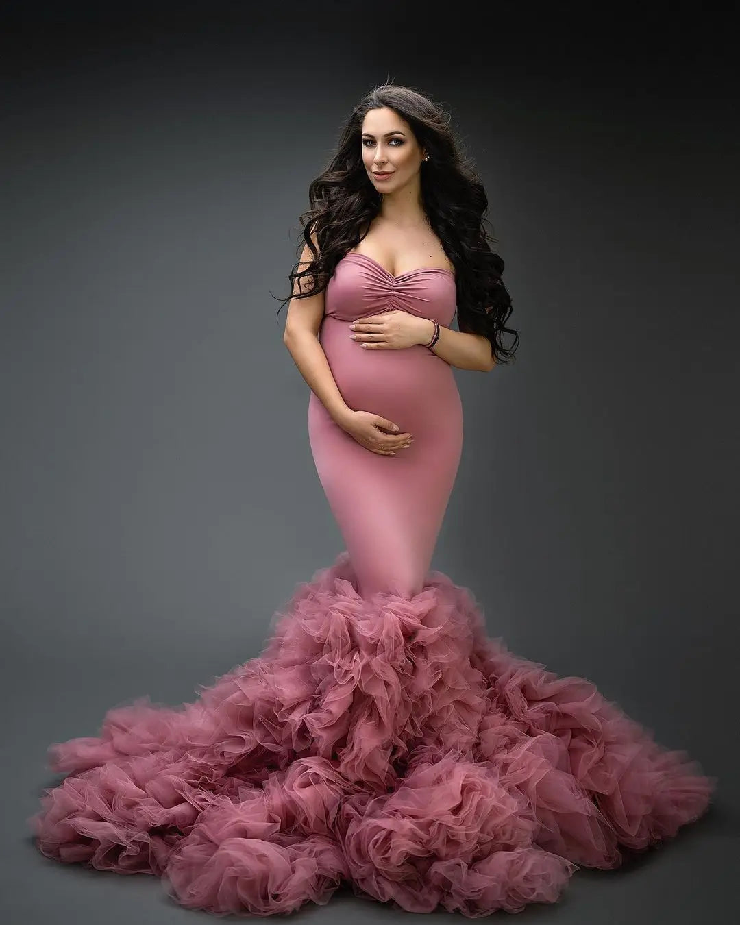 nvxiot - Stretchy Satin Tulle Mermaid Maternity Photoshoot Dress Off-shoulder Pregnancy Gown for Wedding Guest Baby Shower Robe