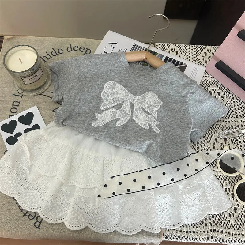 nvxiot - Korean Summer Toddler Girls 2PCS Clothes Set Knotbow Lace Round Collar Tops Hollow Printed Cake Skirt Shorts Babys Girls Outfits