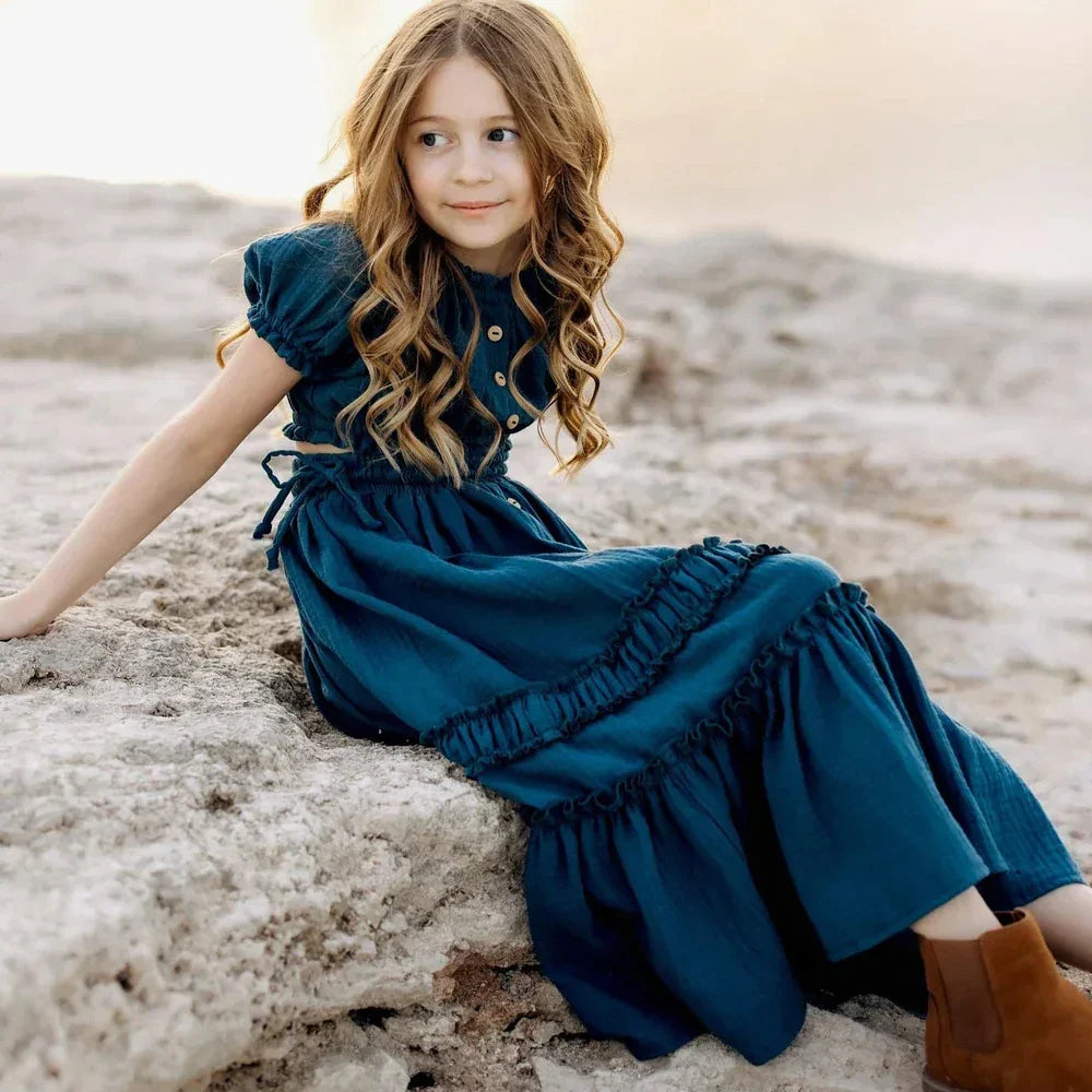 MQTIME - 9-13 Year Old Girl Linen Cotton Two-Piece set Bohemian Dress For Parent-Child Wear Photo Shoot Photography Dress For Girl