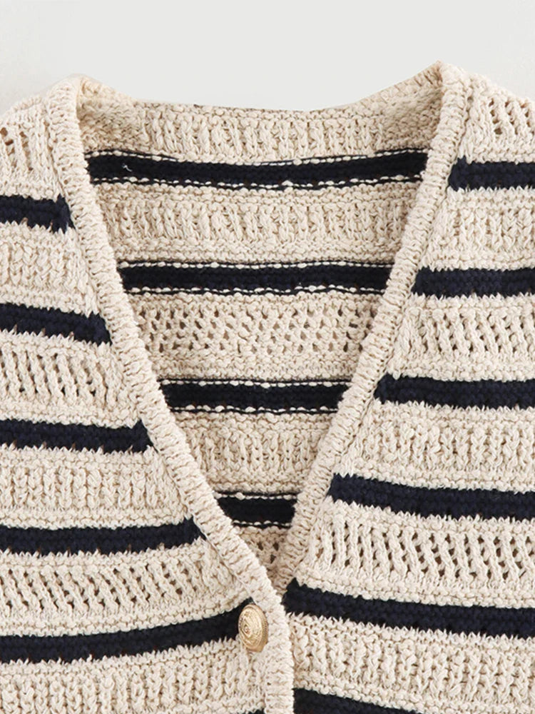 MQTIME - Knitted Stripes V-neck Cardigan Women Elegant Sleeveless Metal Single-Breasted Vests Female Chic Casual Slim Fit Vest Coats