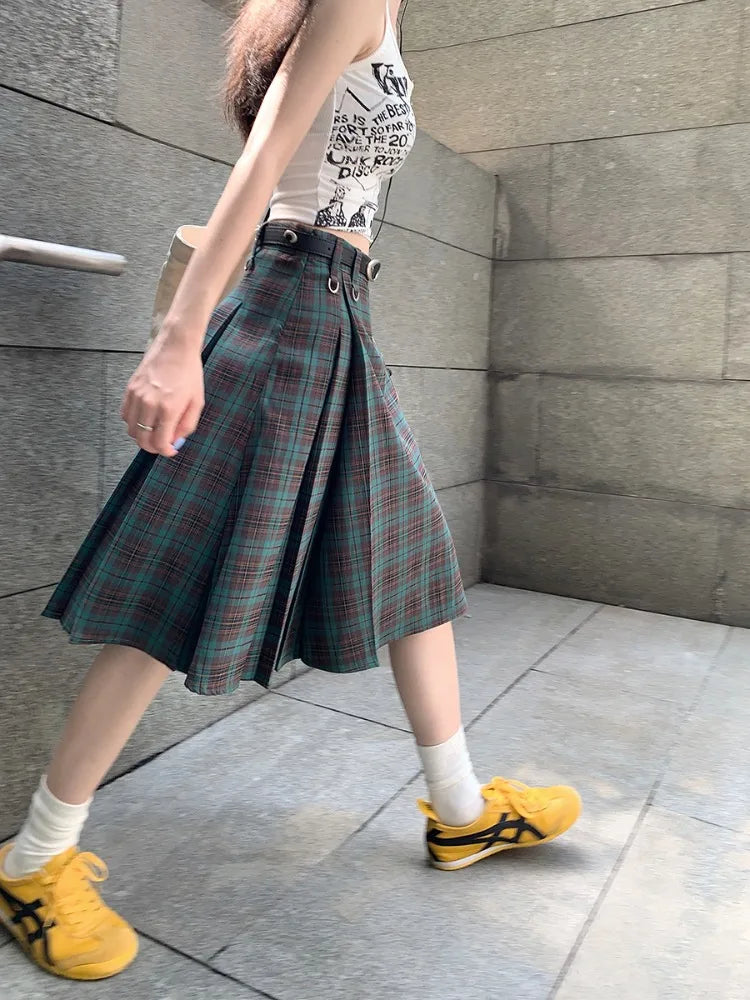 MQTIME - Vintage Plaid Midi Skirt Women American Retro Pleated A-line High Wasit Skirts Summer Fashion Uniform Aesthetics Clothes