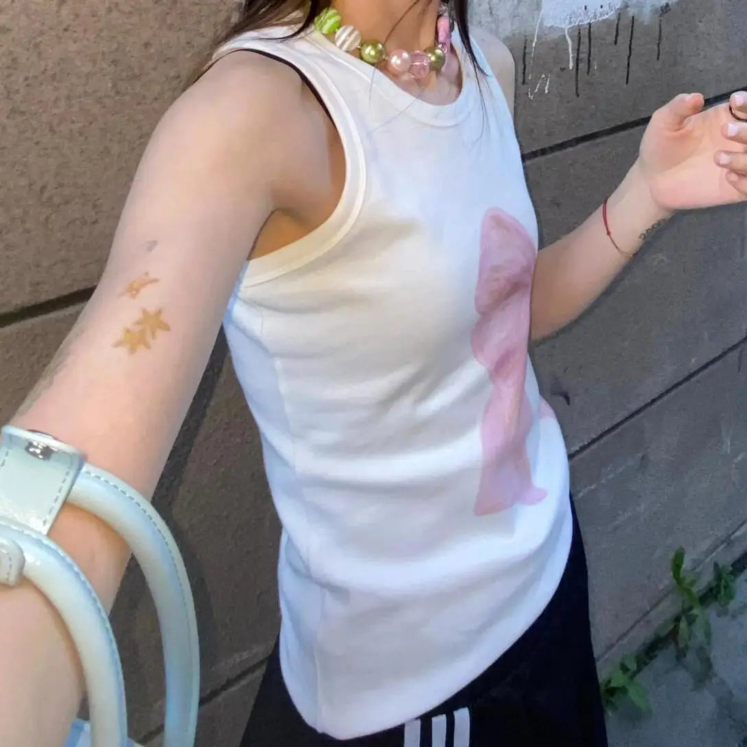 MQTIME - Bow Graphic Print White Tank Top Sleeveless Vest T-Shirt Women Summer T Shirt e-girl harajuku fairycore 2000s y2k tee aesthetic