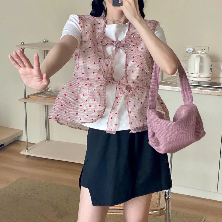 nvxiot - Polka Dot Gauze Tops Lace Bow Design Waistcoat White Short-sleeved T-shirt Fold Wear Tees Summer Sweet Fashion Camisas
