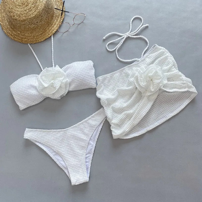 nvxiot - 3D Flowers Solid Crochet Knitted 3 Piece Set Swimwear Wineb Sext Strapless Crop Tops + Briefs + Mini Skirts Holiday Beach Suits