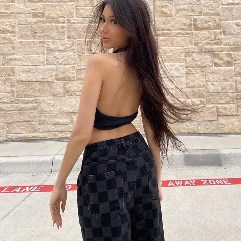 nvxiot - Plaid Punk Gothic Grunge Pants Hip Hop Wide Leg High Waist Women Trouser Black Loose Fashion Streetwear E Girl Pants Autumn