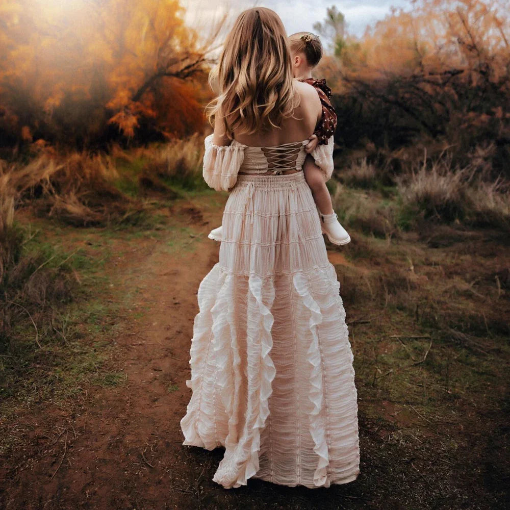nvxiot - Photography Dress For Women Apricot Elegant Chiffon Lace Long Sleeved Dress Two-Piece Set Maternity Photo Shoot