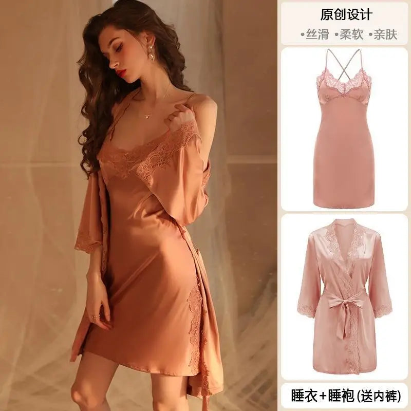 MQTIME - Sexy Kimono White Satin Lace Bathrobe Night Dress Women Rayon 2PCS Robe Gown Set Casual Nightgown Sleepwear