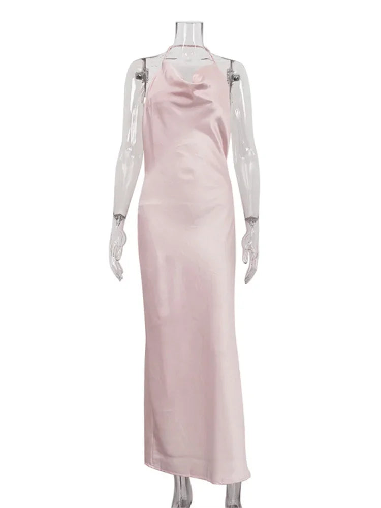 nvxiot - Satin Backless Fashion Long Dress Women's Lace-Up Elegant Autumn 2024 High Waist Solid Dress Female Bandage Party Dress
