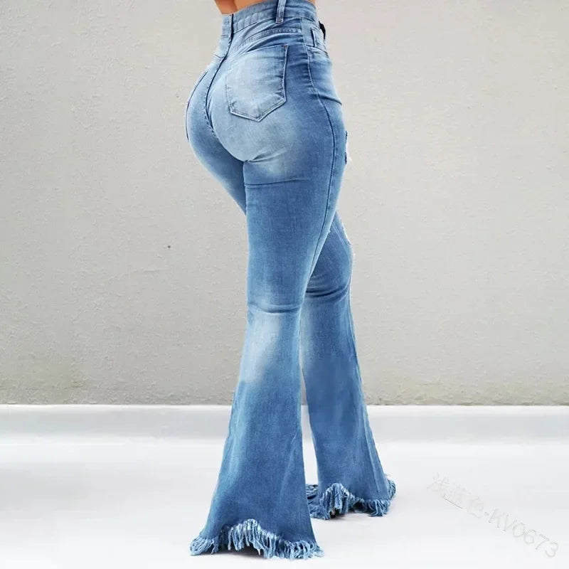 nvxiot - Women Ripped Vintage Fashion All-match Slim Pants Ladies Denim Flare Jeans Denim Skinny Female Wide Leg Hole Trousers Pop
