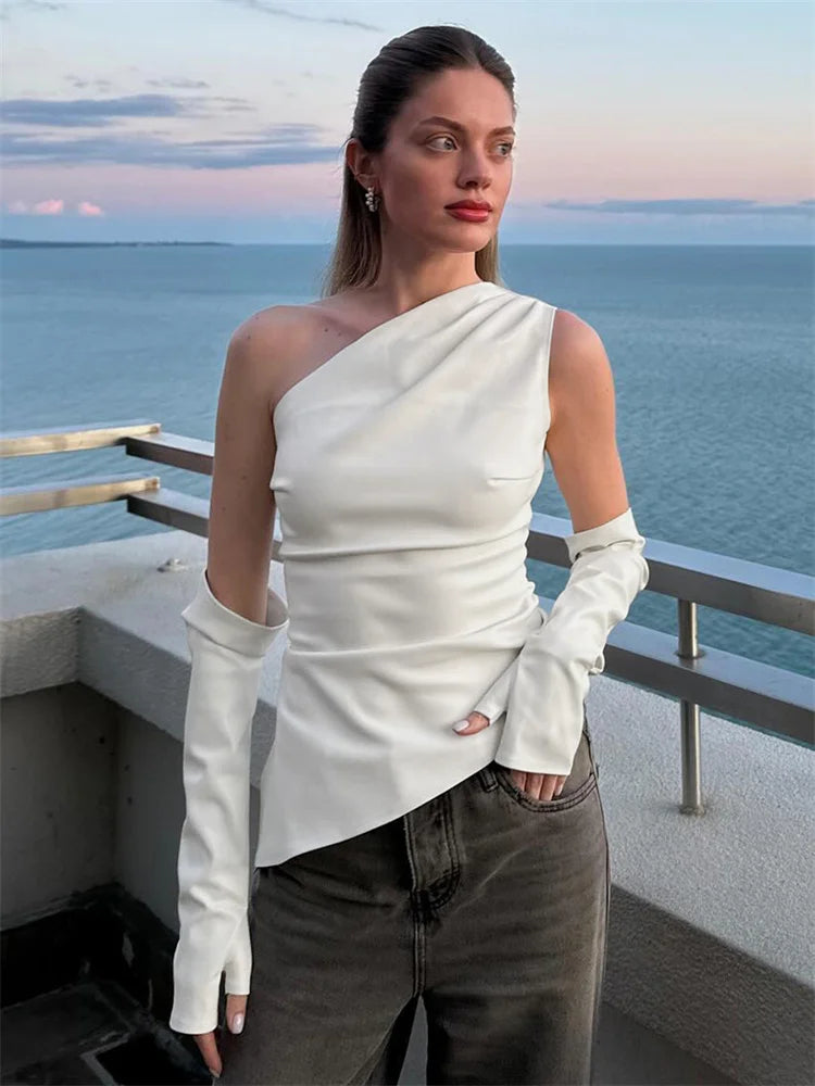 MQTIME - Autumn PU Off-Shoulder Tank Top Cropped Top Female Long Sleeve Slim Solid Patchwork Streetwear Women's Y2k Top Tee 2024