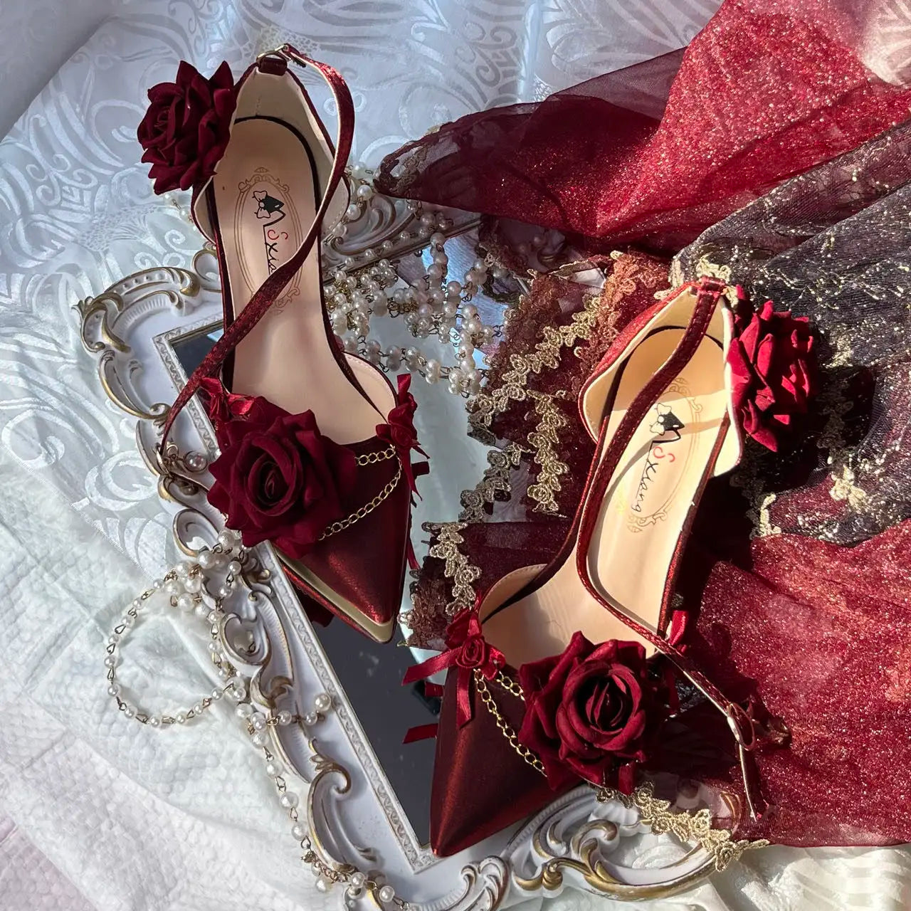 MQTIME - Black Red Gothic Lolita Shoe Wedding Lolita High Heels For Ladies Rose pointed toe dress shoes for womenluxury shoes sss grade