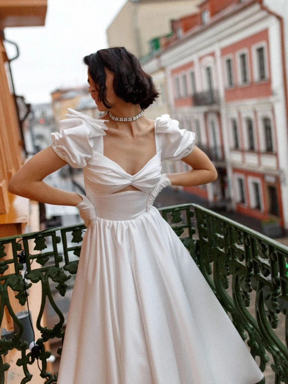 MQTIME - A-Line Puff Sleeves Backless Wedding Dress Beach Country Soft Satin Ankle Length Bride Gown Robe De Mariée Split Wedding Gown