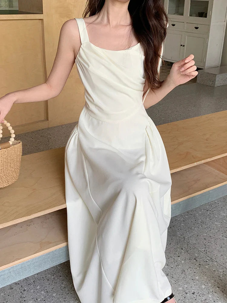 MQTIME - 2024 Summer New Design Sense Large Sling Dress Solid Color Versatile Sleeveless Pleated Long Short Skirt for Women