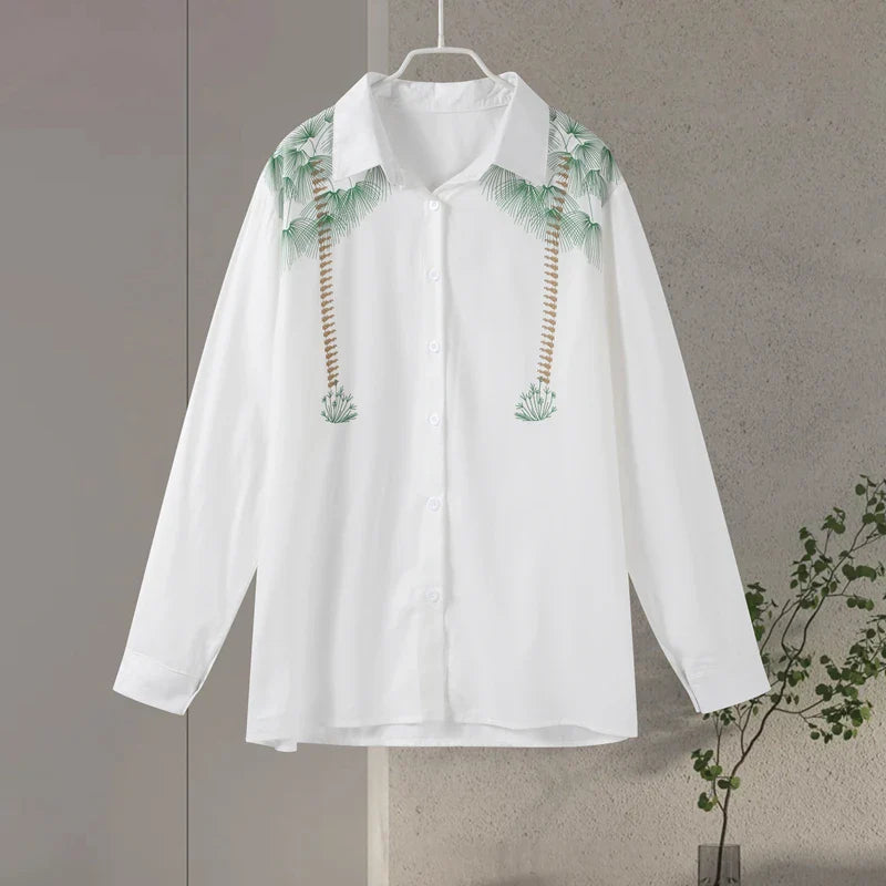MQTIME - Casual Green Print Shirts Set Women Loose Single Breasted Blouses Pleated Drawstring Wide Leg Pants 2024 Summer Lady Outfit