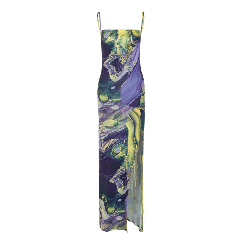 nvxiot - The New 2024 Summer Fashion Print Slim-fit Split Halter Top Strapless Dress Beach Style For Club For Party