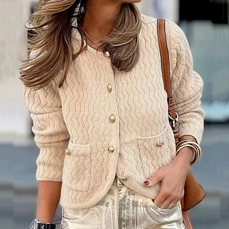 MQTIME - Elegant Pocket Office Cardigan Fall Lady O Neck Single Breasted Slim Sweaters Casual Jacquard Solid Color Long Sleeved Sweaters