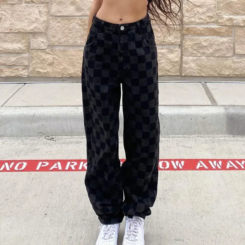 nvxiot - Plaid Punk Gothic Grunge Pants Hip Hop Wide Leg High Waist Women Trouser Black Loose Fashion Streetwear E Girl Pants Autumn