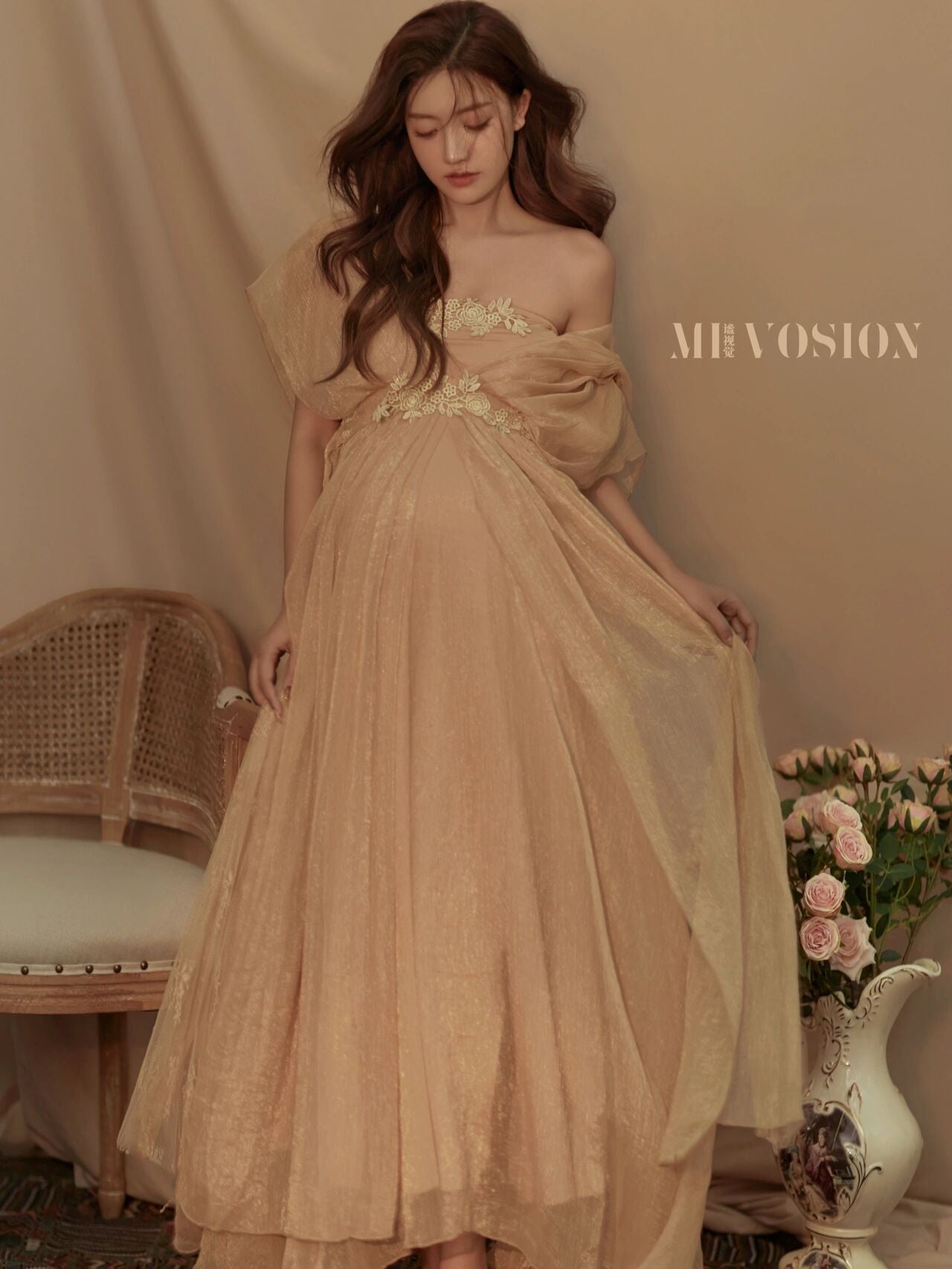 nvxiot Pure Pregnant Women's Photo Clothing New Aesthetic Fairy High Setting Champagne Gauze Pregnant Mother's Dress Retro Sweet