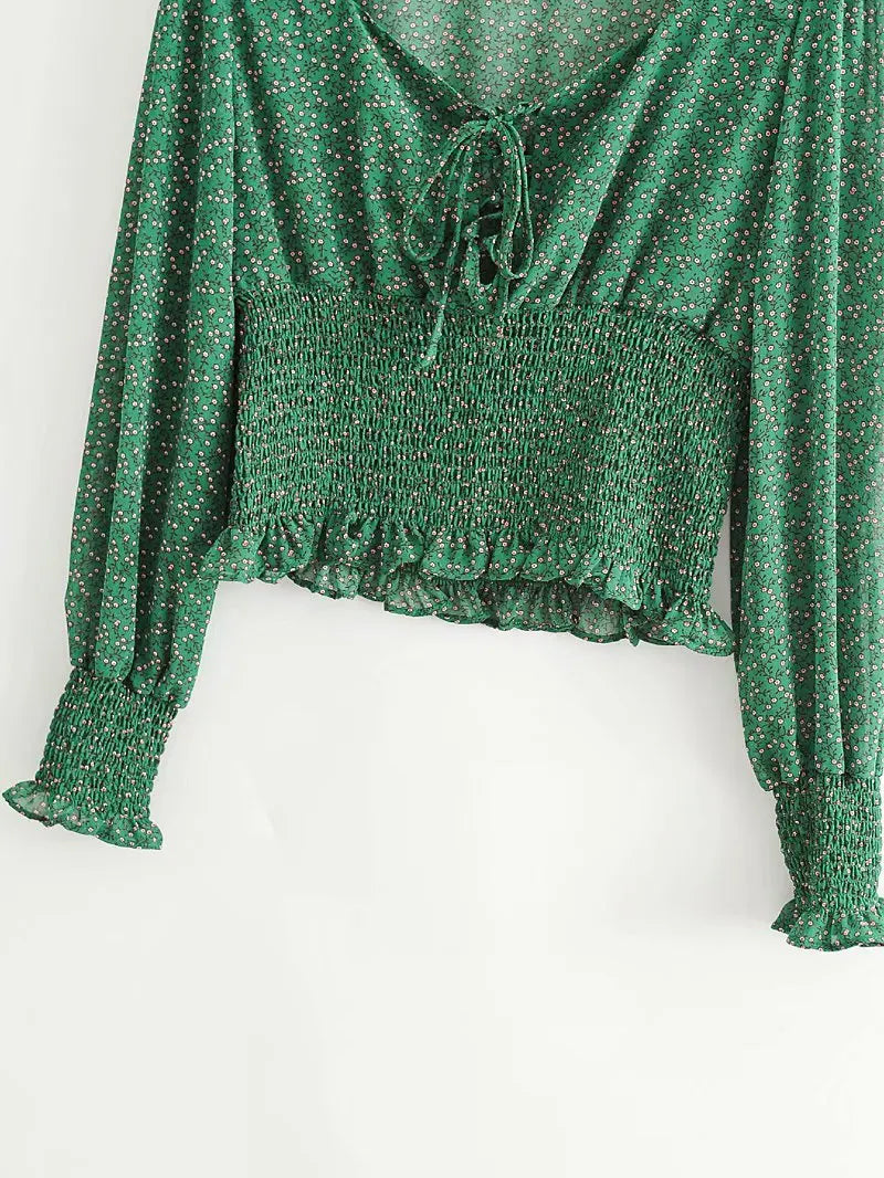 nvxiot - Women Summer Cottagecore Floral Print Blouse Shirt Indie Lace Up Tops Blouses Woman Long Sleeve Shirts Flower Green Tops 2024