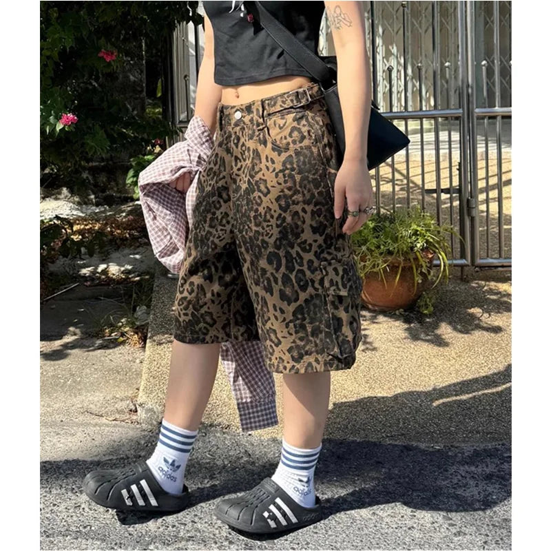 nvxiot - Women's Shorts Jeans Leopard Print High Waist Straight Pants Streetwear Cargo Y2K Vintage Female Wide Leg Denim Shorts Pants