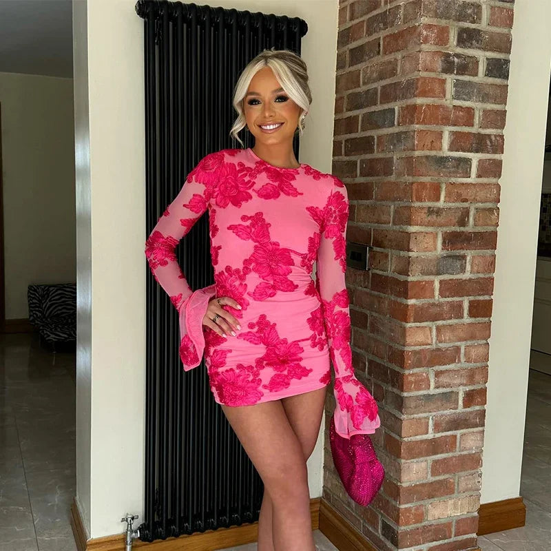 nvxiot - Embroidery Flower Backless Long Dresses Sexy Sling Slim Fit Robes Female Summer Long Ruffles Sleeve Short Dress Party Streetwear