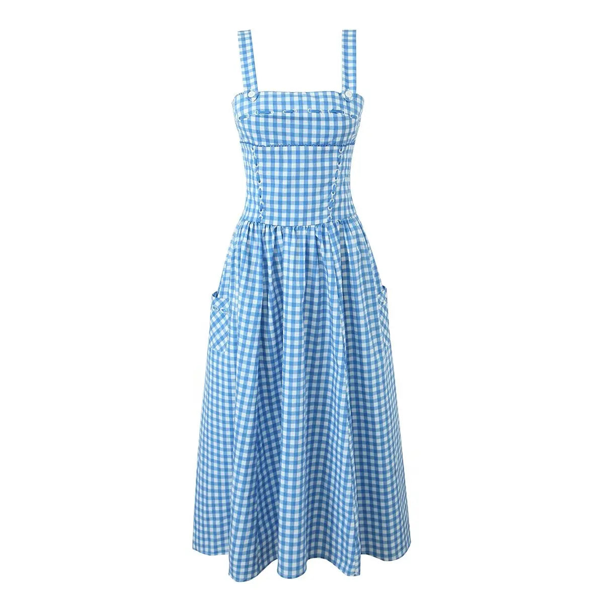 MQTIME - Summer Fashion Atmosphere Retro Blue Plaid Flap Pocket Pants Suspender Long European And American Style Street Design Dress
