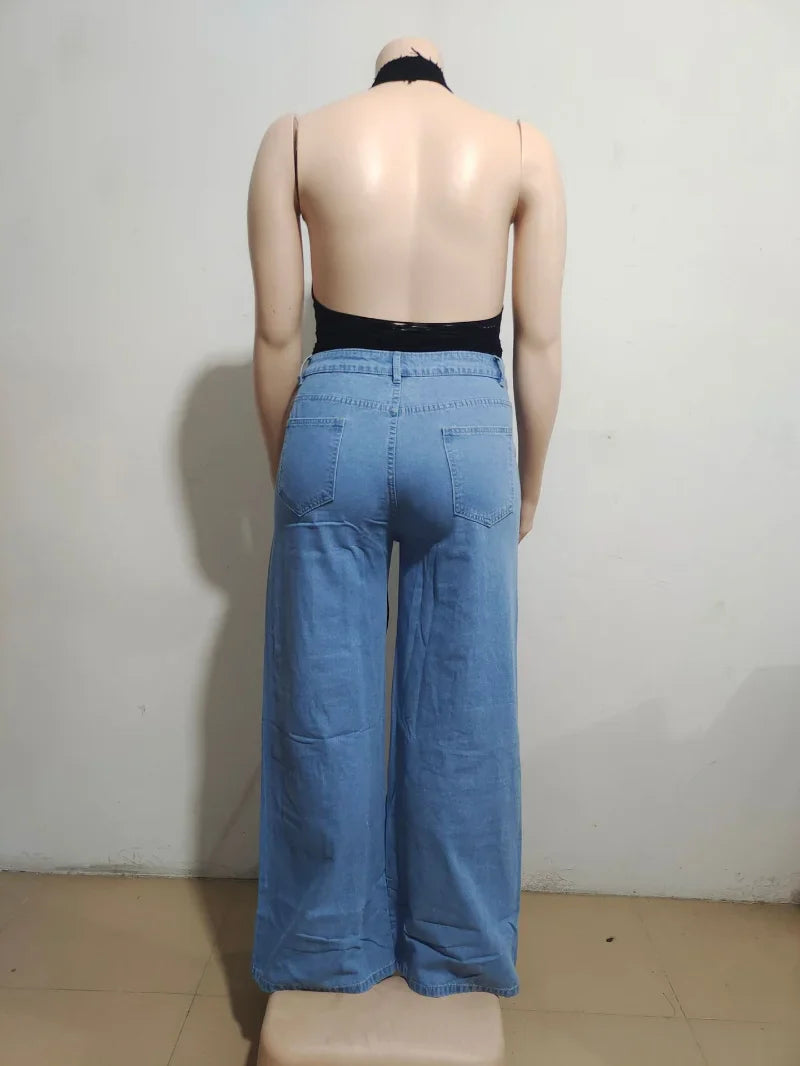 nvxiot - Streetwear Fashion Cargo Jeans Wide Leg Pants Women Multi Pockets High Waist Button Fly Loose Casual Denim Trousers Bottoms