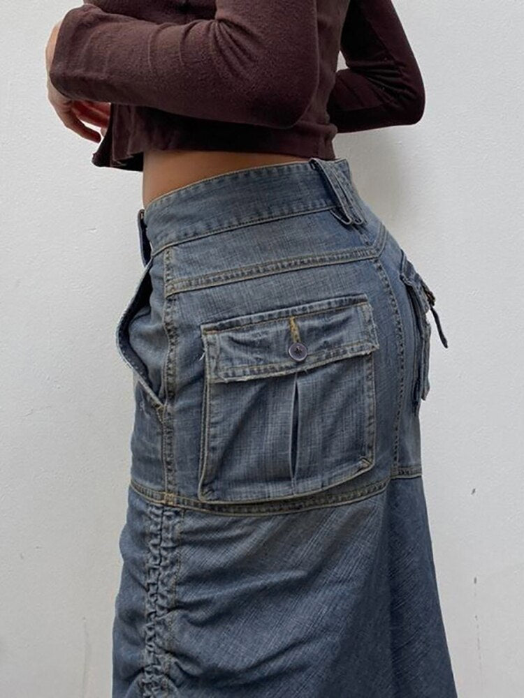 nvxiot Vintage Denim Jeans Skirt Women Autumn High Street Casual Drawstring Pleated Pocket Midi Skirts Bottoms Y2K Clothing