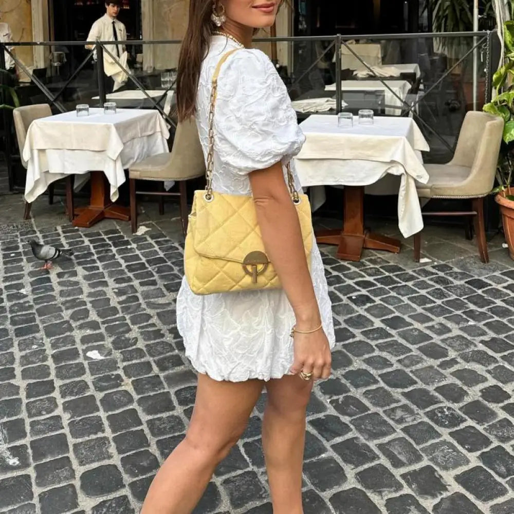MQTIME - Solid Floral Embroidered Voluminous Mini Dress V-Neck Puff Sleeve White Tutu Mini Dress Woman Elegant Party Holiday Wear