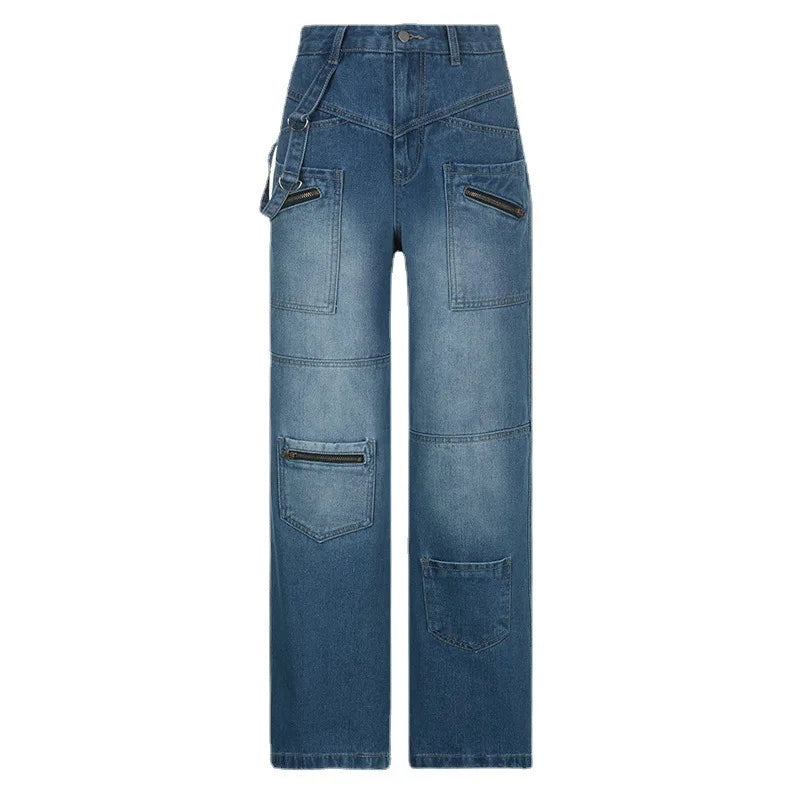 nvxiot - Women's Multi-pocket Distressed Jeans Female Long Pants Straight Wide-leg Zipper Streamer denim trouser Spring New Fashion 2024