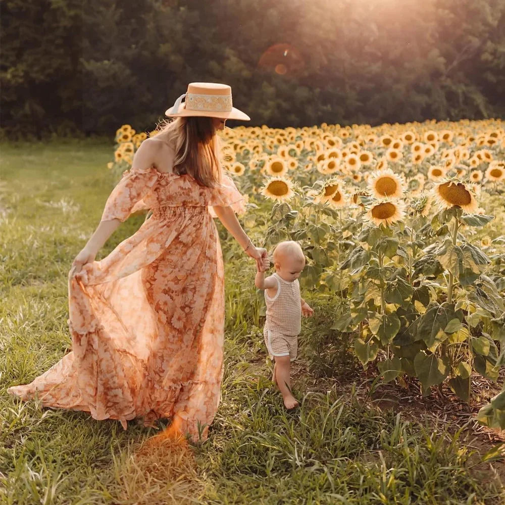 nvxiot - Fall Outfits 2024 Bohemian Photo Shooting Pregnancy Dress Printed Chiffon Off Shoulder Two-Piece Dress Maternity Dresses For Baby Showers
