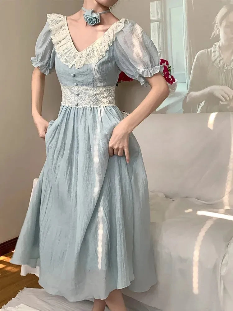 MQTIME - French Puff Sleeve Women Dress For Summer New Vintage Slim Waist Party Midi Dresses Chic V-neck Lace Lady Vestidos Robe A-line