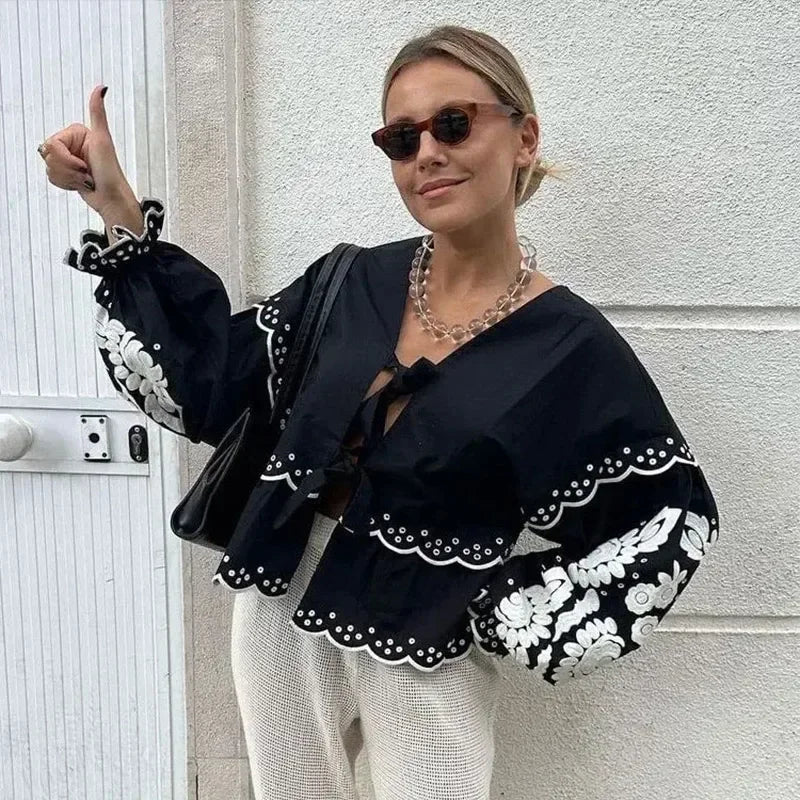 MQTIME - Elegant Floral Print Lace Up Bow Shirts for Women Sweet V Neck Lantern Long Sleeve Blouse Spring Summer Female Streetwear Tops
