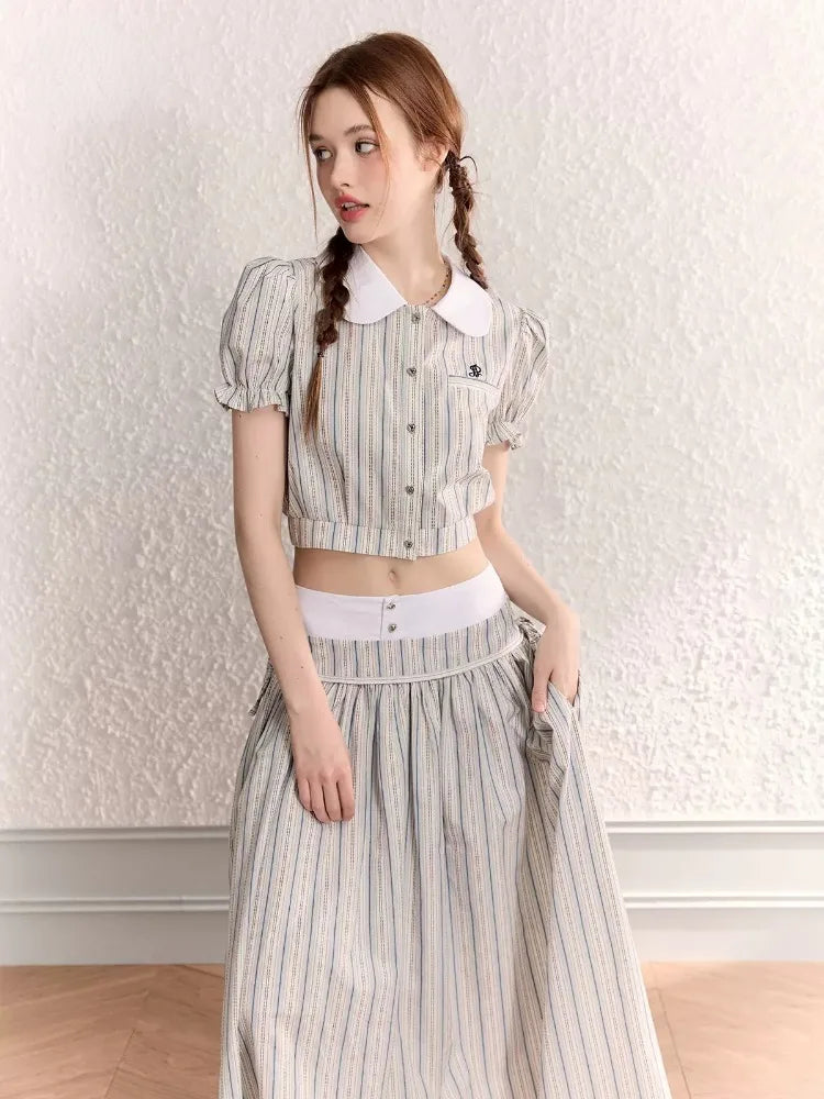 MQTIME - Stripe Turn-down Collar Blouse Preppy Style High Waisted Lace Up Long Skirts Korean Fashion 2 Piece Sets Womens Outfits